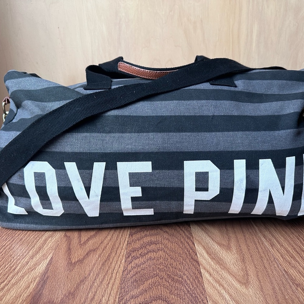 PINK Victoria's Secret Striped Gray and Black Duffle Bag